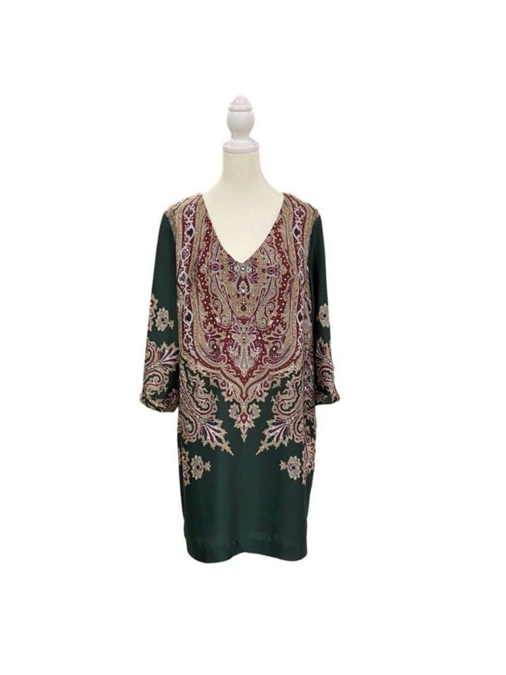 Forest Lily Paisley Long Sleeve Shift V-Neck Short Dress Green Size 10